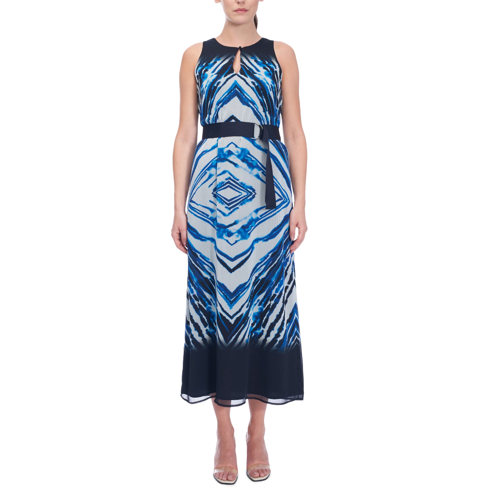 Chiffon semi-transparent à imprimé abstrait par panneaux fin de rouleau – Bleu + Noir + Ivoire