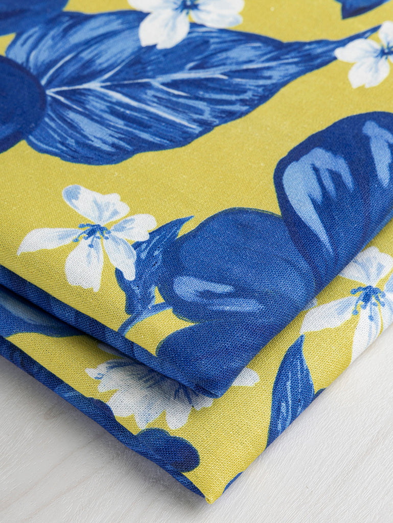 Italian Large Floral Print Linen Deadstock - Chartreuse Yellow + Blue