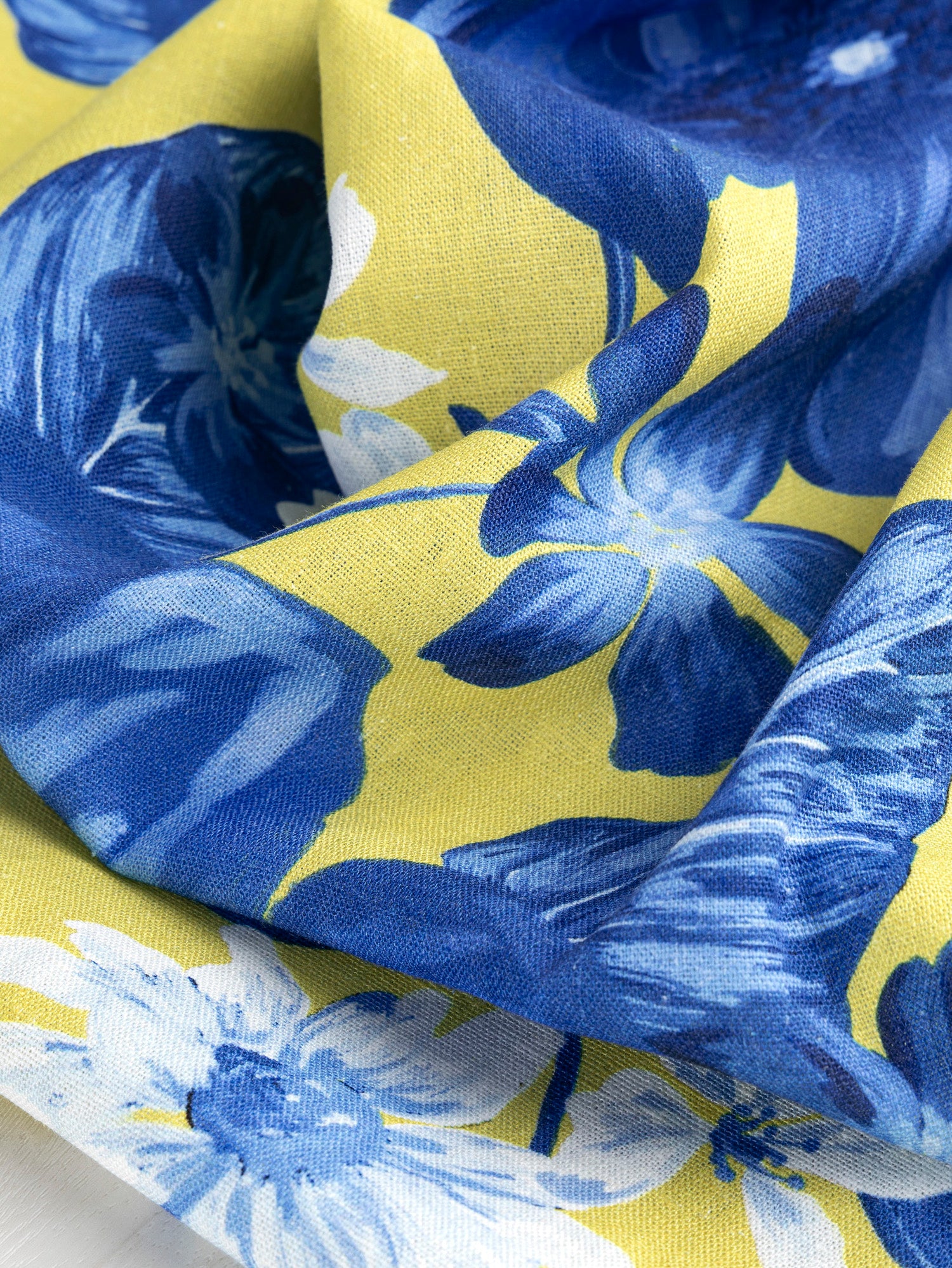 Italian Large Floral Print Linen Deadstock - Chartreuse Yellow + Blue | Core Fabrics