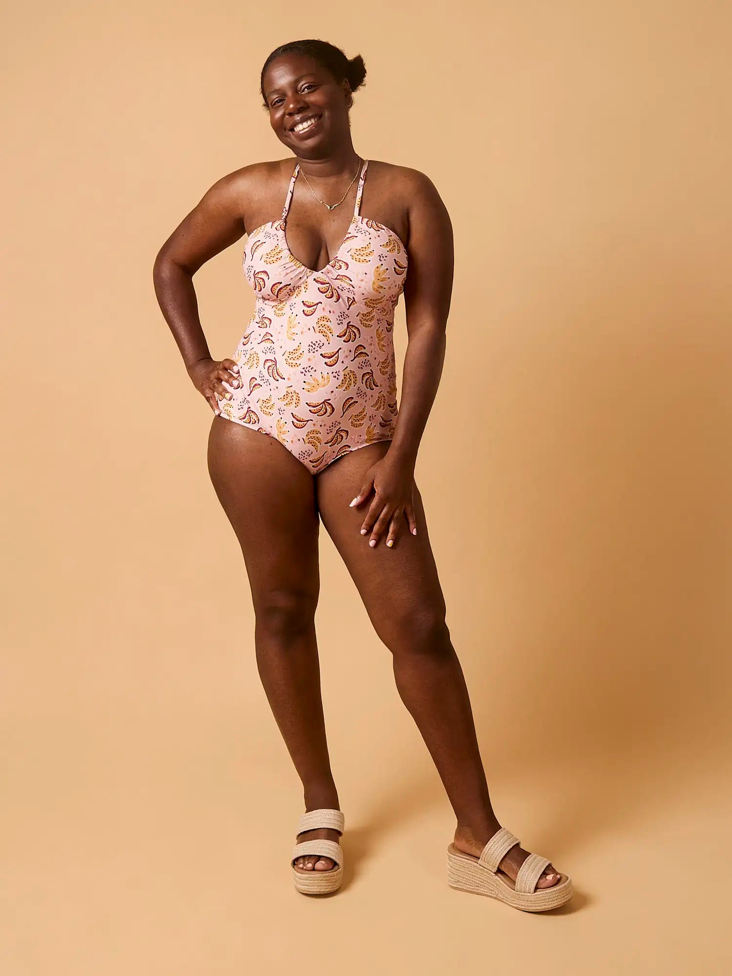 F-NYL021-Banana Split Print Swim Performance Knit Pink and Multicolour -Model |Core-Fabrics