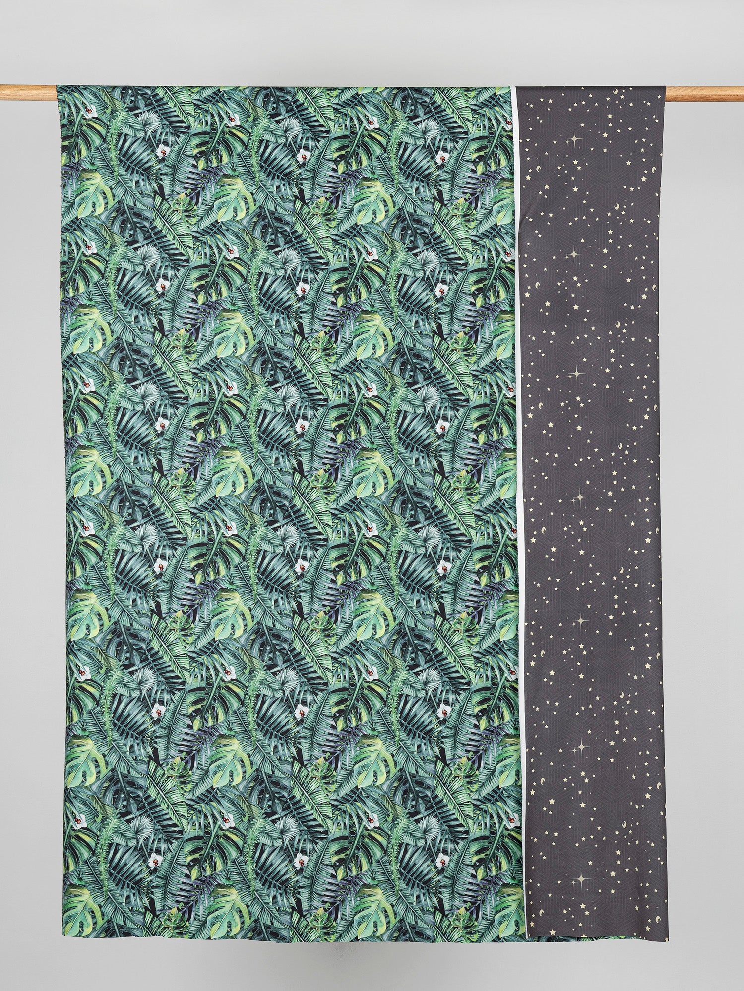 Tropical Leaf Star Reversible Stretch Knit Deadstock - Black + Green | Core Fabrics