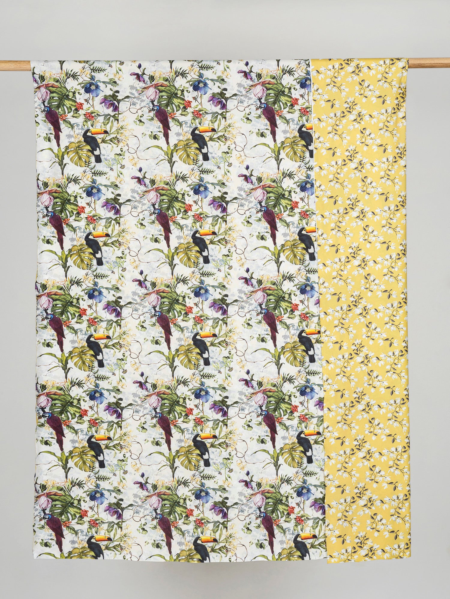 Toucan Parrot Floral Reversible Stretch Knit Deadstock - Yellow + Green + White | Core Fabrics