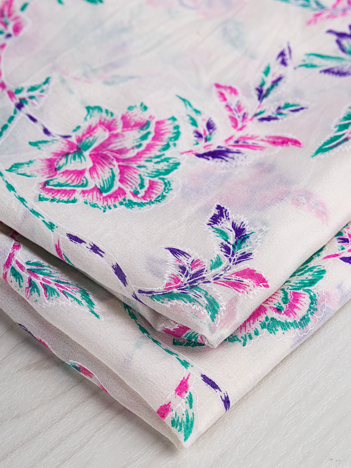 Japanese Floral Print Silk Chiffon Deadstock - Violet + Green + Cream | Core Fabrics