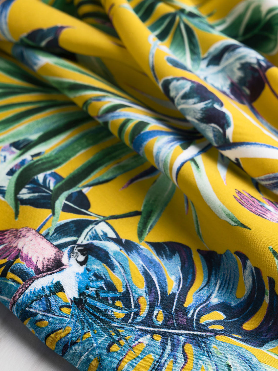 Tropical Print Italian Rayon Challis Deadstock - Turquoise + Yellow | Core Fabrics