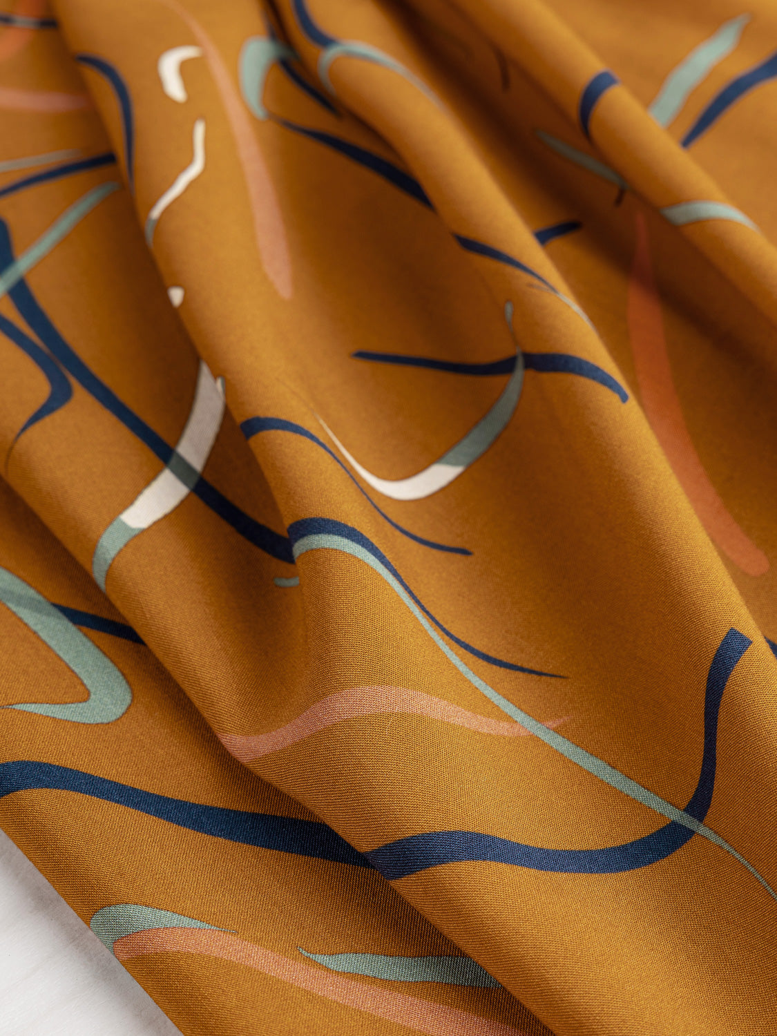 Chic Brushstroke Print Viscose - Ochre + Navy + Teal | Core Fabrics