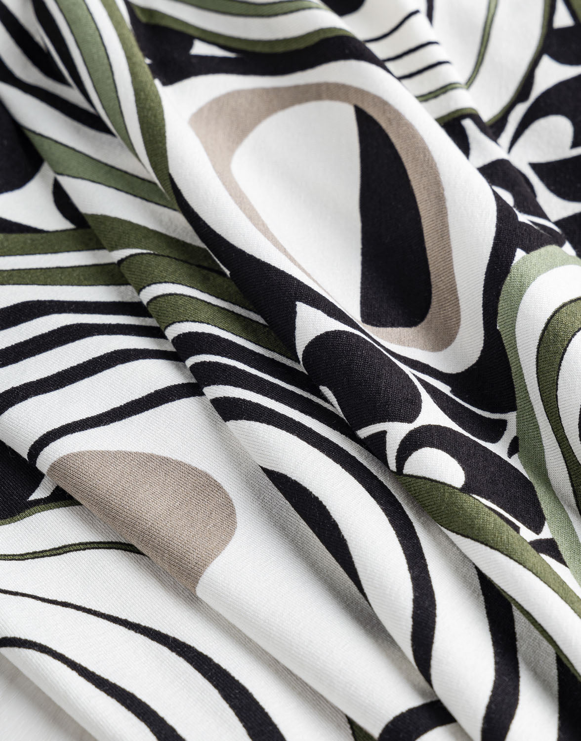 Graceful Shapes Viscose Knit Print Designer Deadstock - Olive + Black + Cream | Core Fabrics