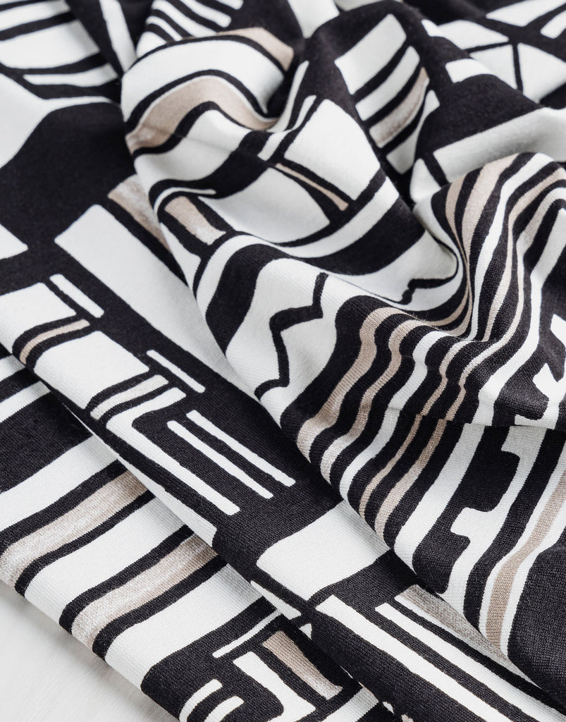 Graphic Shapes Viscose Knit Print Designer Deadstock - Taupe + Black + Cream