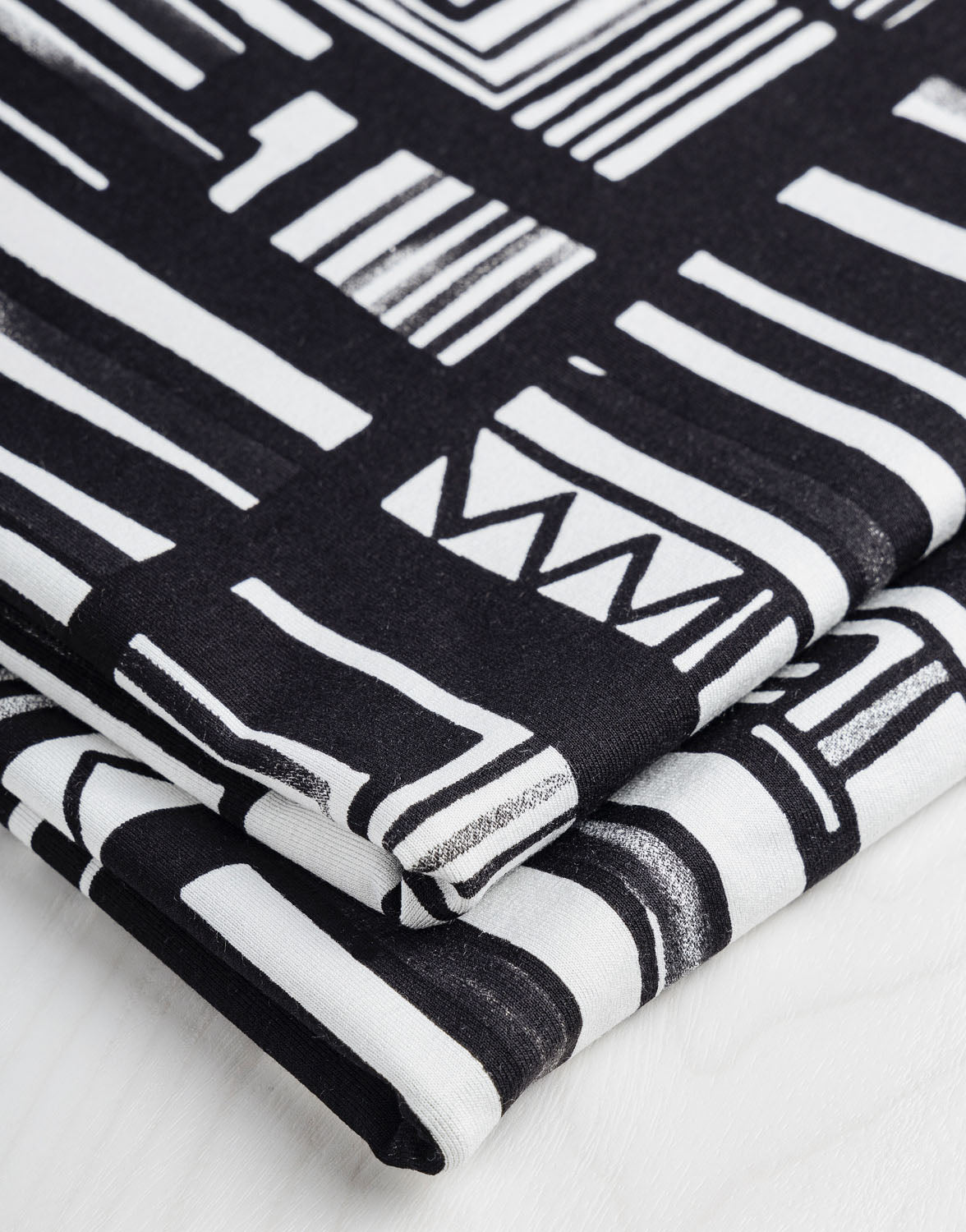Graphic Shapes Viscose Knit Print Designer Deadstock - Grey + Black + Cream | Core Fabrics