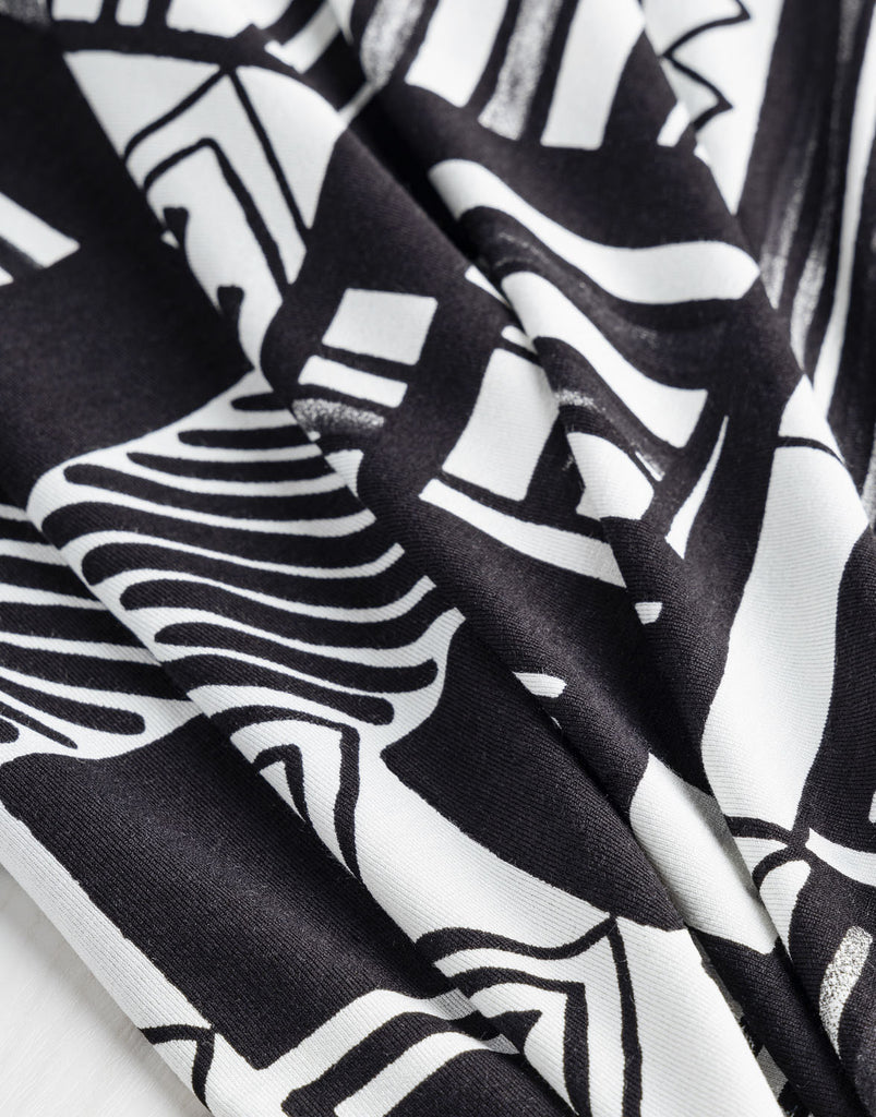 Fin de rouleau Designer en jersey de viscose imprimé formes graphiques - Gris + Noir + Crème