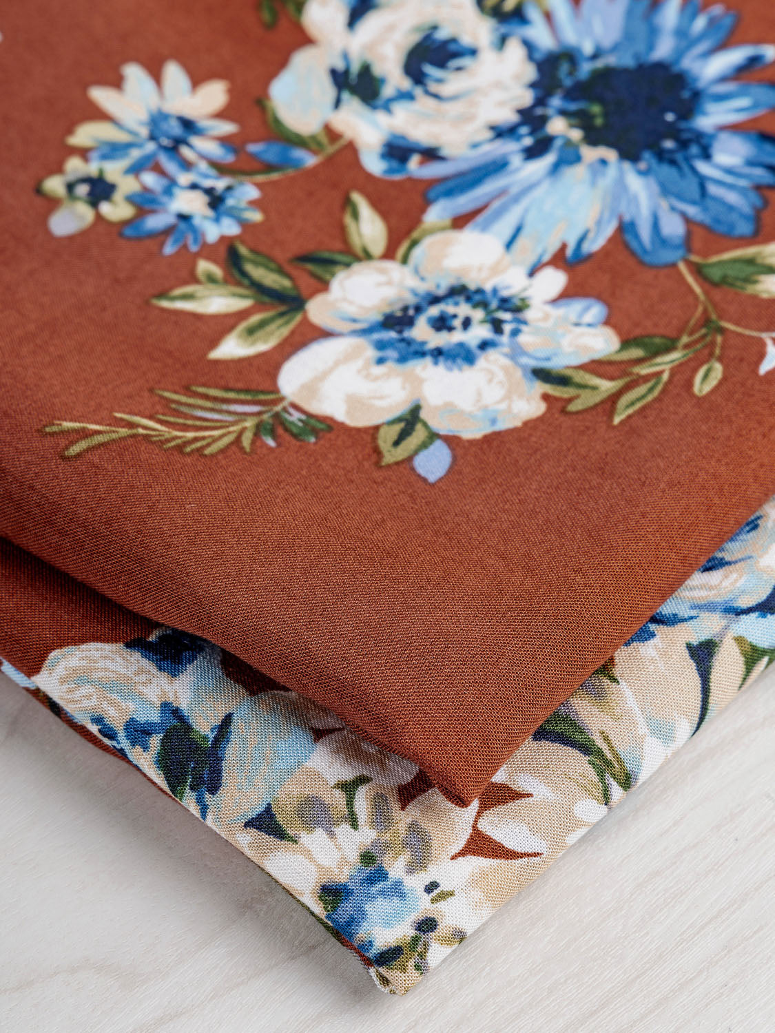 Painted Floral Viscose Deadstock - Mahogany + Azure | Core Fabrics