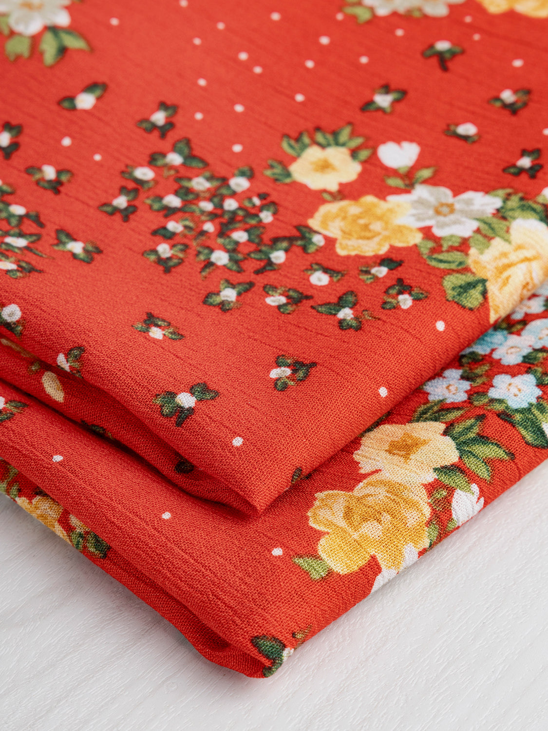 Rose Print Viscose Crepe Deadstock - Crimson + Gold + Sky | Core Fabrics