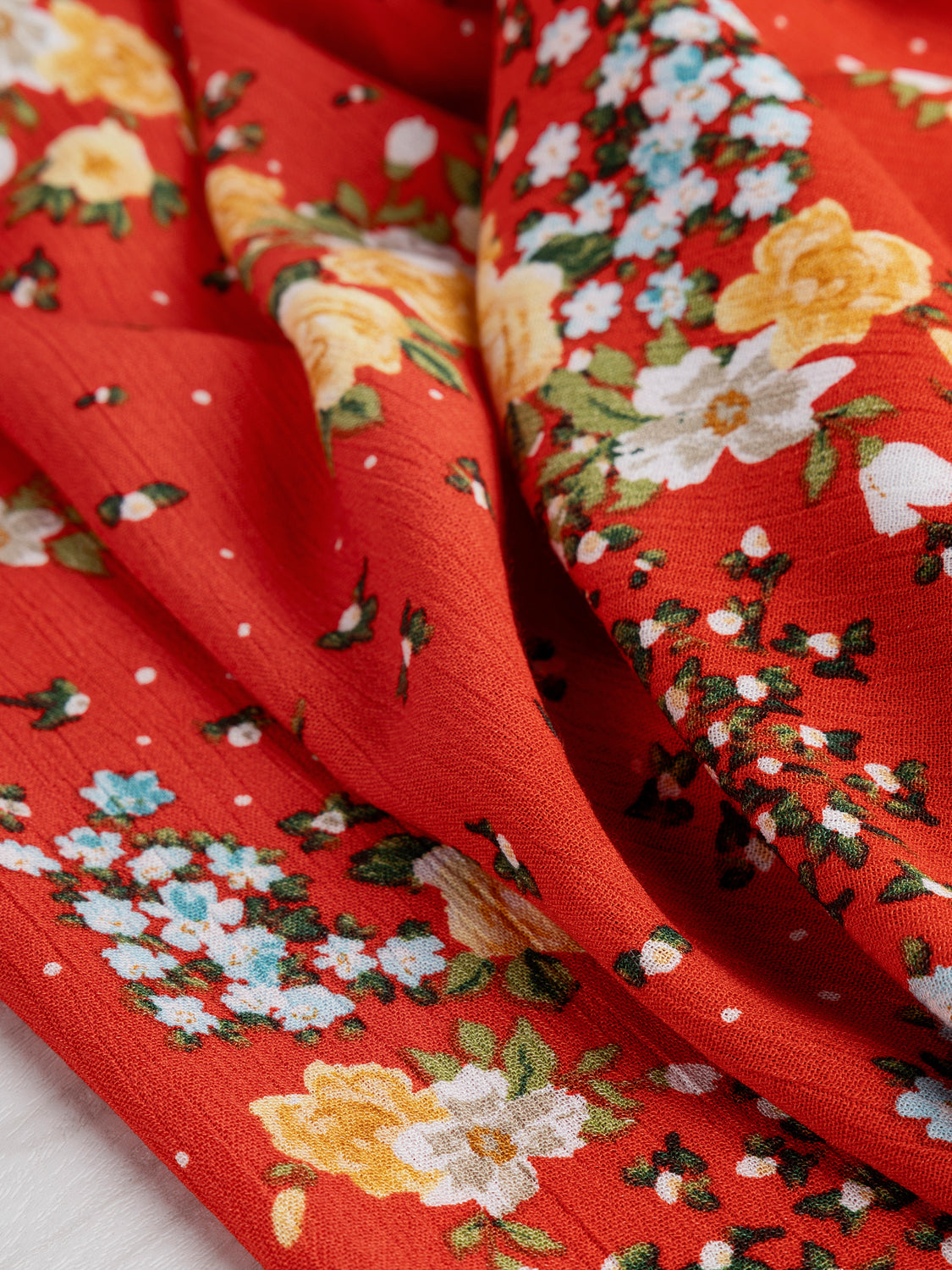 Rose Print Viscose Crepe Deadstock - Crimson + Gold + Sky | Core Fabrics