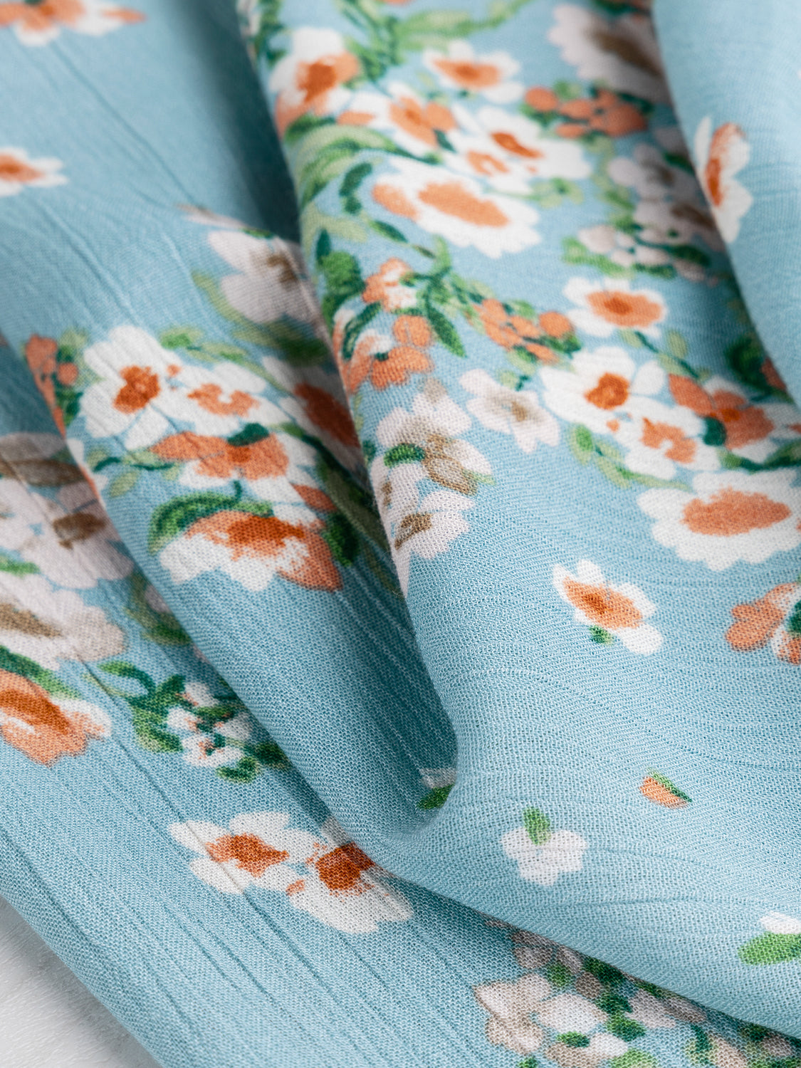 Blossom Print Viscose Crepe Deadstock - Sky Blue + Cream + Peach | Core Fabrics