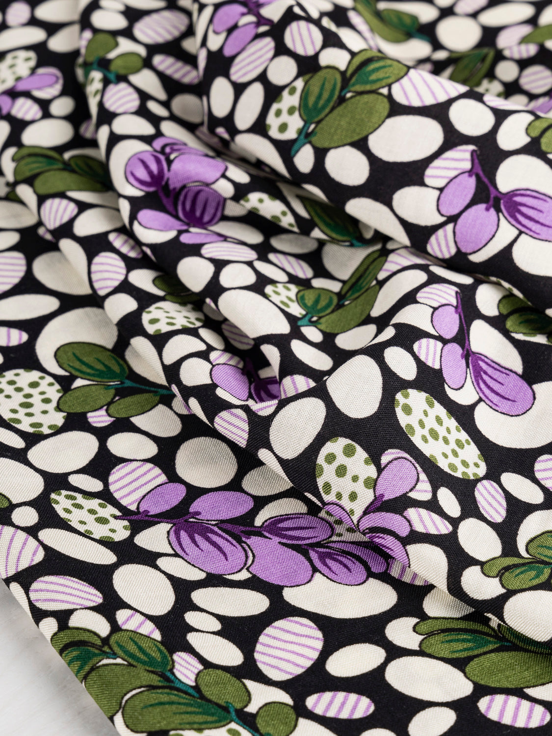 Leafy Oval Print Rayon Challis Deadstock - Olive + Lavender + Cream | Core Fabrics