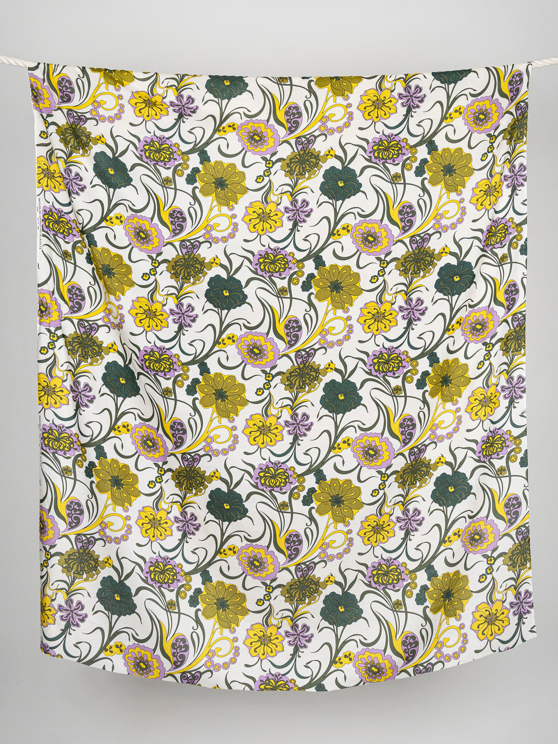 Large 60s Floral Print Rayon Challis Deadstock - Olive + Yellow + Lavender | Core Fabrics