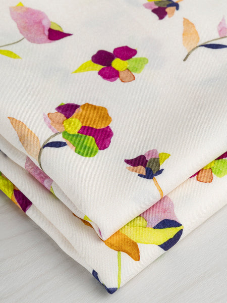 Watercolour Floral Print Viscose Twill - Cream + Magenta + Orange