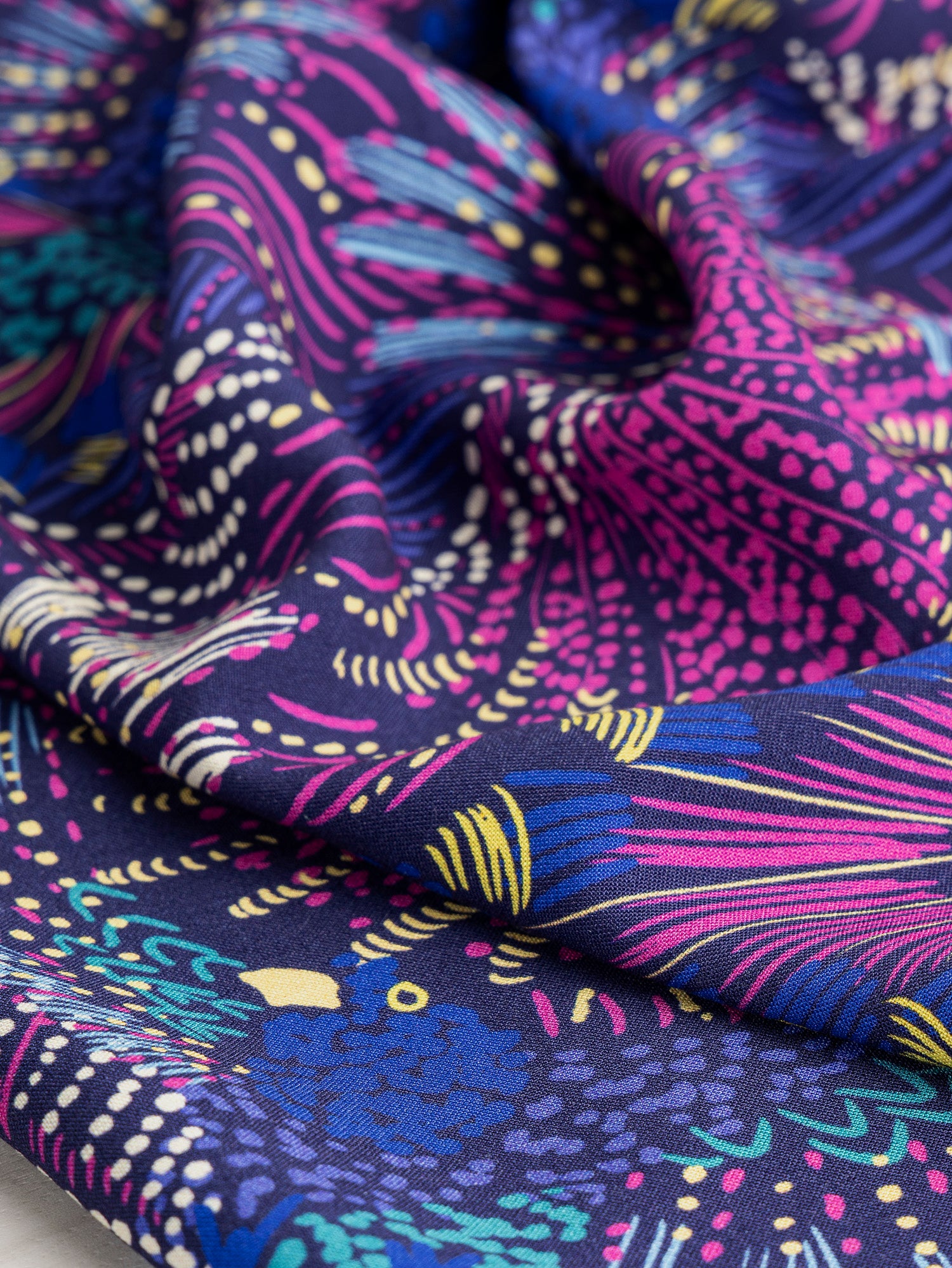 Peacock Print Viscose - Navy + Magenta + Yellow | Core Fabrics