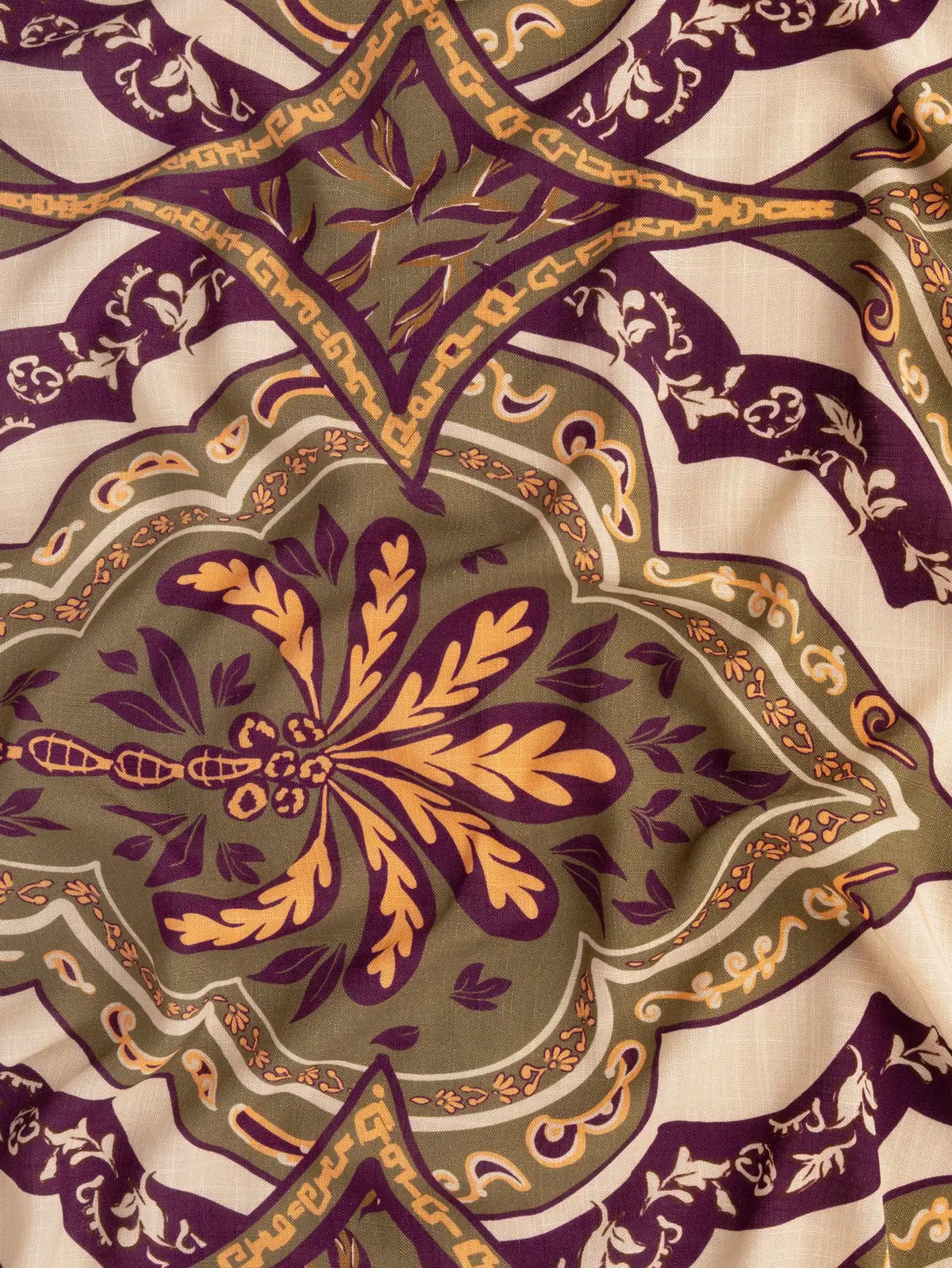 F-VIS319-Ornemental-Palm-Tree-Border-Print-Textured-Viscose-Olive-Aubergine-Oat-and-Coral-Core-Fabrics-scrunched.webp