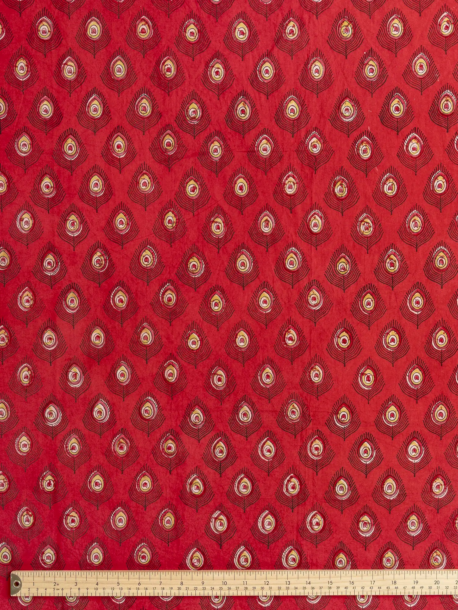 F-COT489-Feather-Block-Print-Cotton-Poplin-Cardinal-Chartreuse-and-Black-Core-Fabrics-ruler.webp