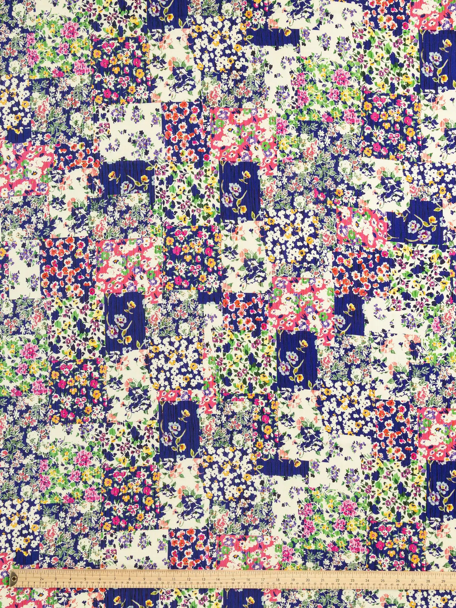 F-VIS308-Floral-Patchwork-Print-Textured-Ecovero-Viscose-Butter-Cobalt-and-Green-Core-Fabrics-ruler.webp