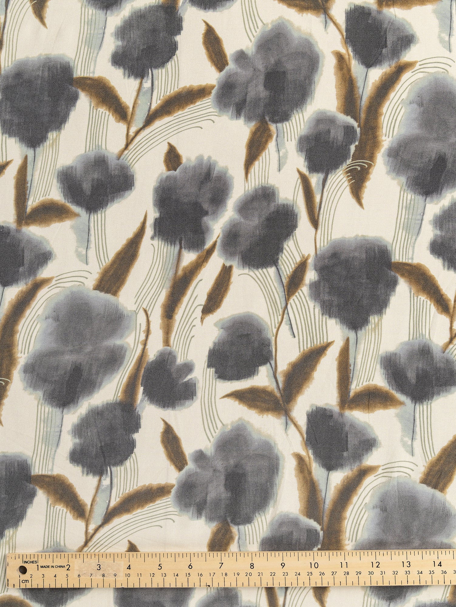 F-DEA028-001-Flower-Print-Viscose-Deadstock-Cream-and-Steel-Blue-Core-Fabrics-ruler.JPG