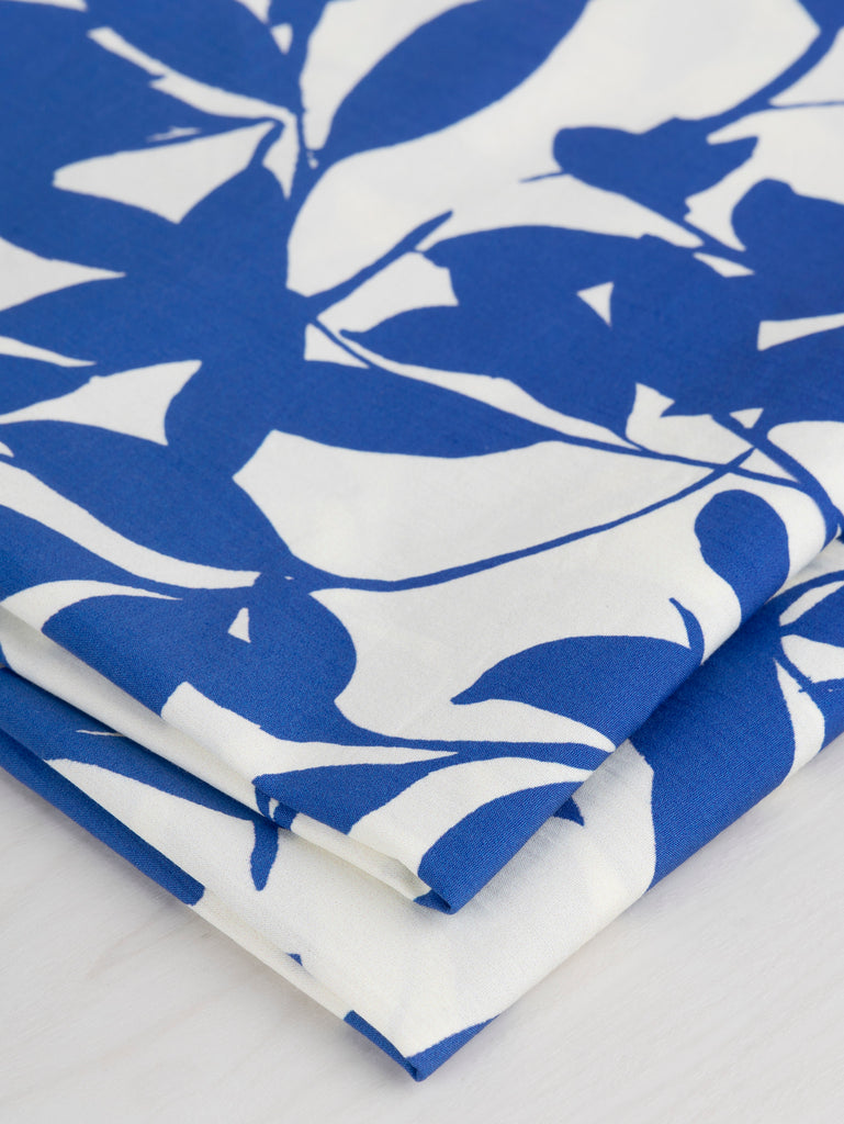 Foliage Silhouette Print Cotton Poplin - Cream + Cobalt