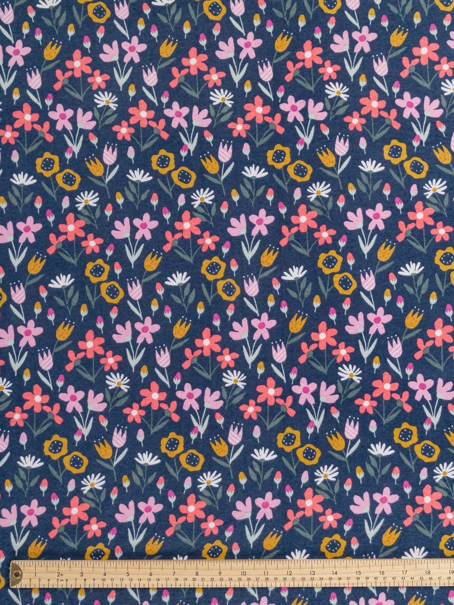 F-COT433-Folk-Floral-Print-Cotton-Flannel-Deadstock-Navy-Pink-Yellow-Core-Fabrics-ruler.JPG