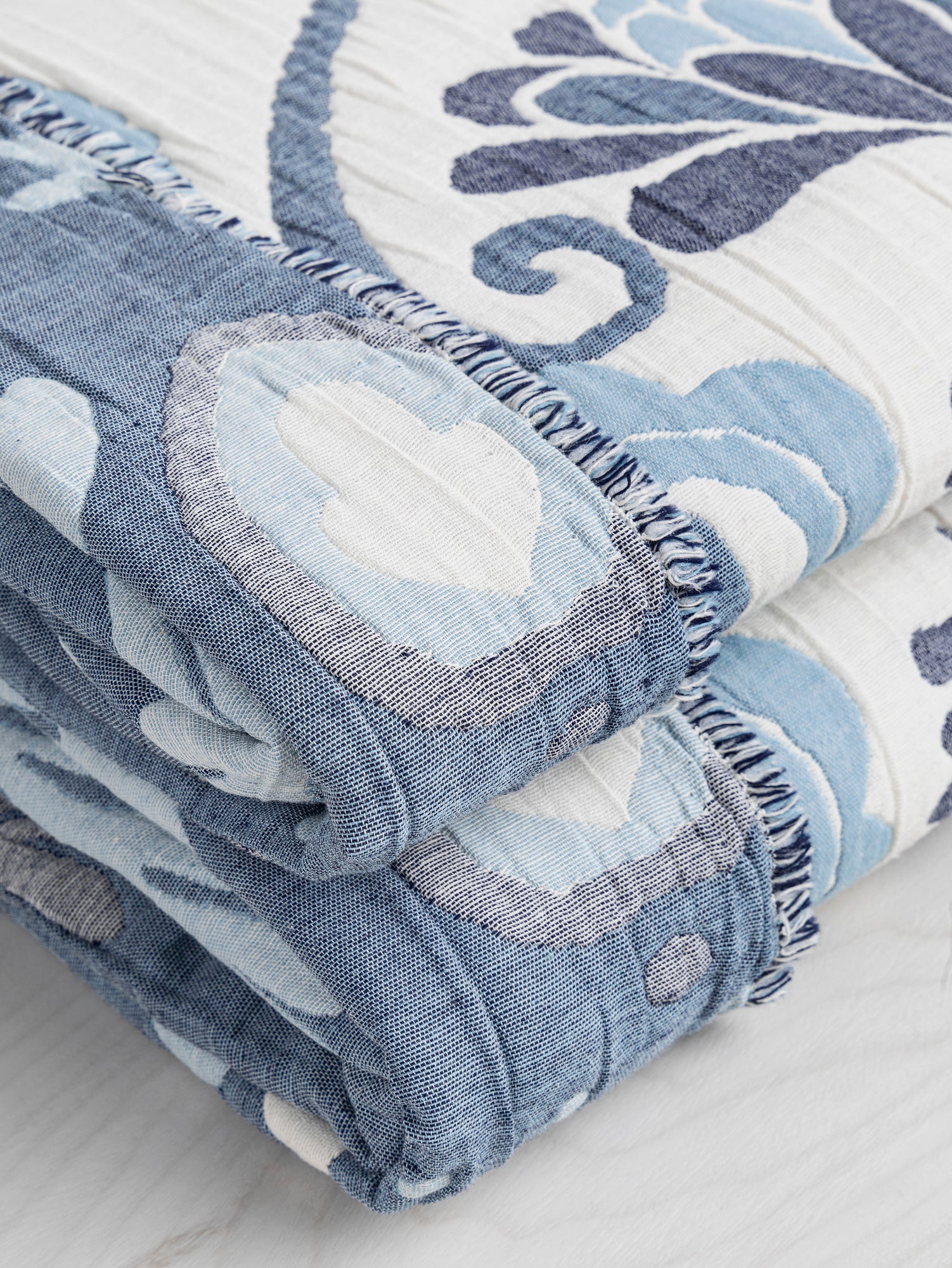 Folk Quilted Jacquard with Batting - Blue + Cream
