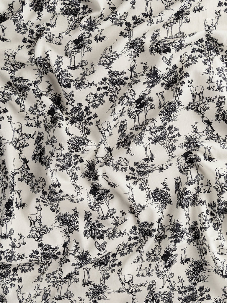 Forest Friends Toile Print Cotton Lawn - Cream + Black