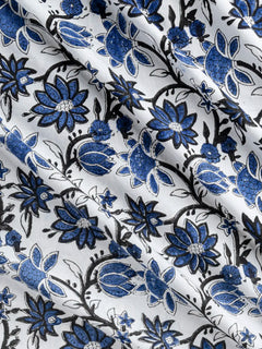 Garden Floral Block Print Cotton Poplin - Sky + Indigo + Black