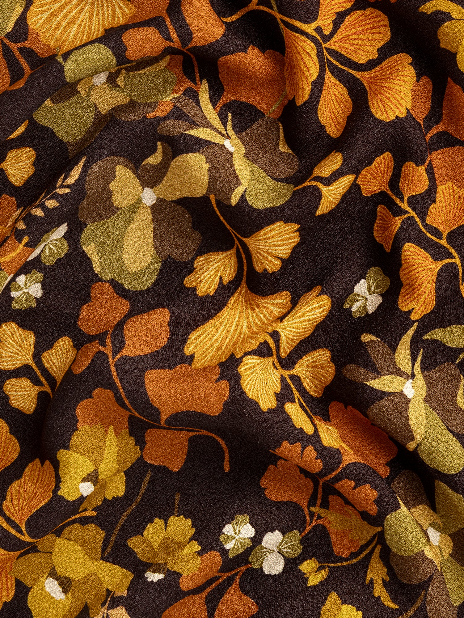F-VIS258-Ginkgo-Floral-Print-Viscose-Crepe-Dark-Brown-Orange-and-Olive-Core-Fabrics-scrunched.JPG