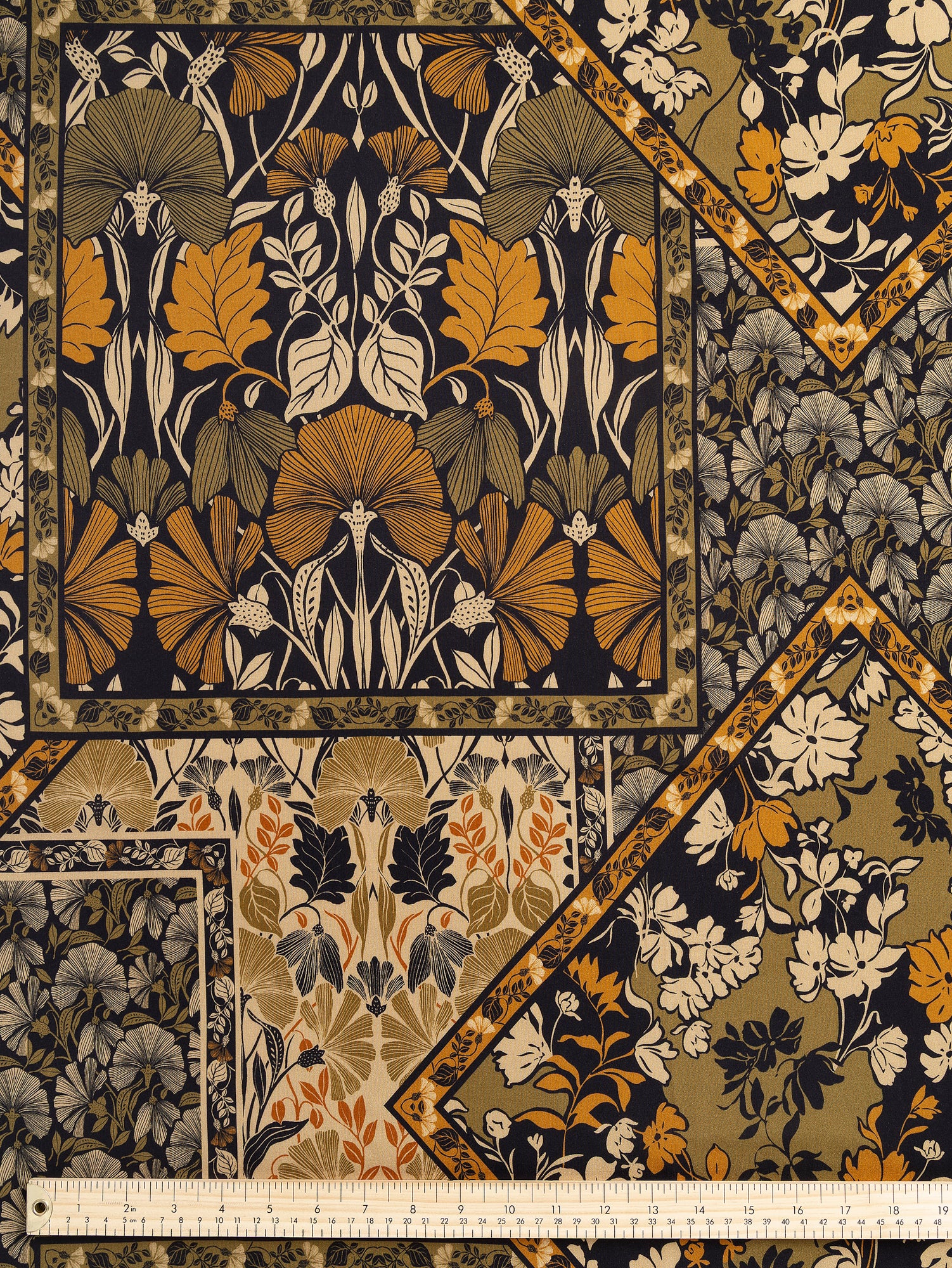 F-VIS280-Ginkgo-Tapestry-Print-Ecovero-Viscose-Olive-Black-Turmeric-Core-Fabrics-ruler.JPG
