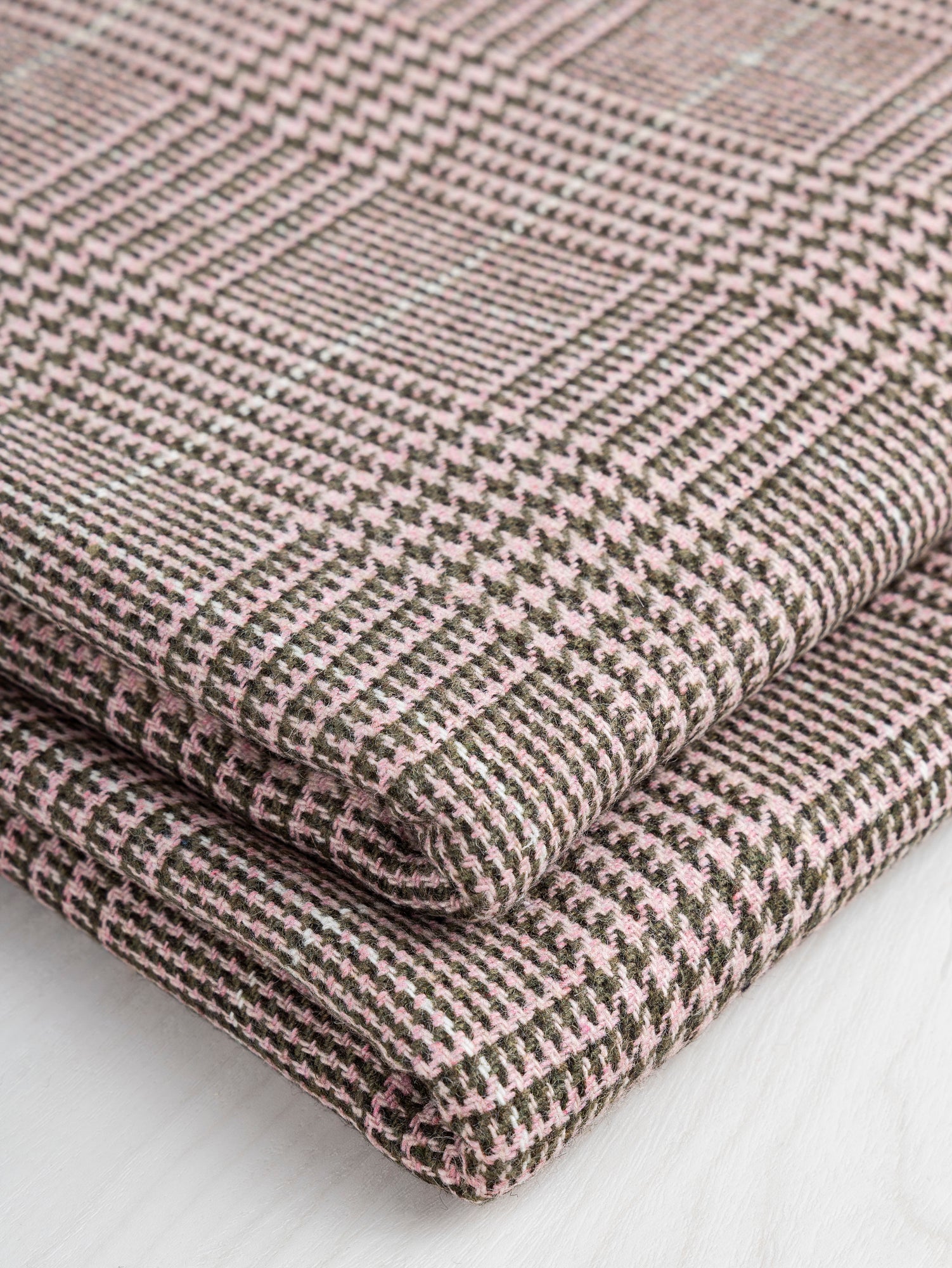 Glen Check Wool Viscose Blend Suiting Deadstock - Pink + Olive | Core Fabrics