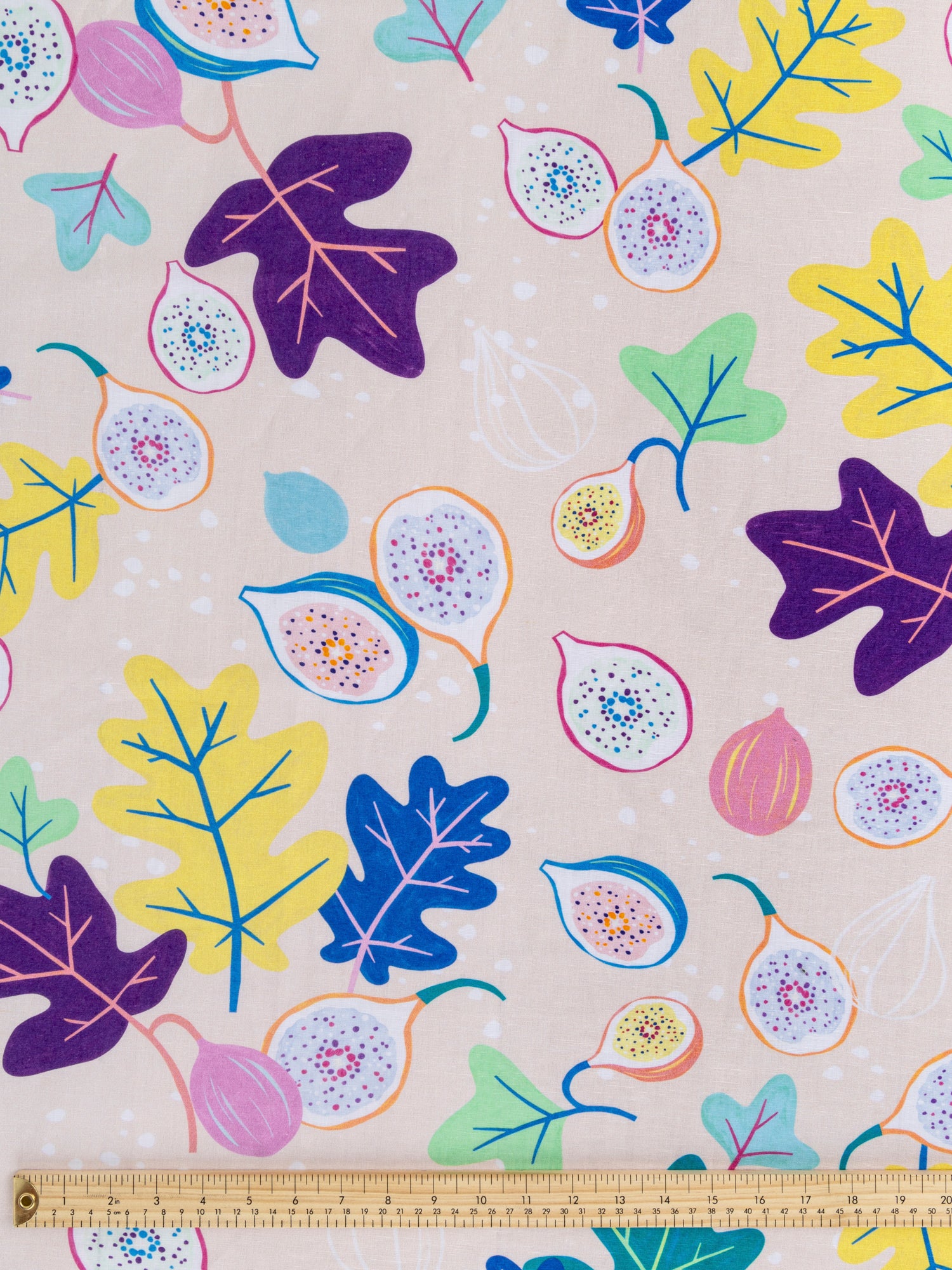 F-COT357-Go-Fig-ure-Print-Organic-Cotton-Linen-Cream- Periwinkle-Light-Green-Eggplant-Core-Fabrics-ruler.JPG