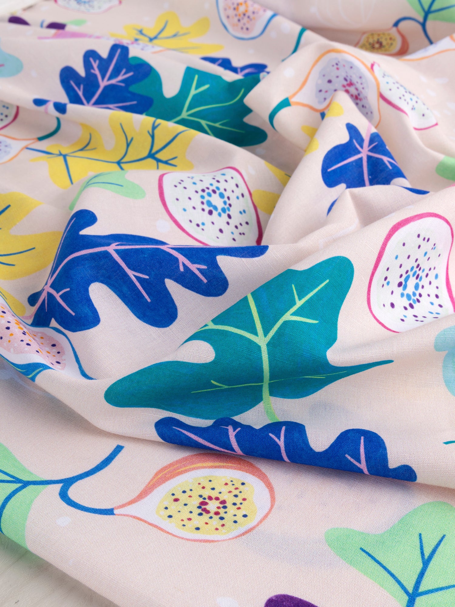 F-COT357-Go-Fig-ure-Print-Organic-Cotton-Linen-Cream- Periwinkle-Light-Green-Eggplant-Core-Fabrics-scrunched.JPG