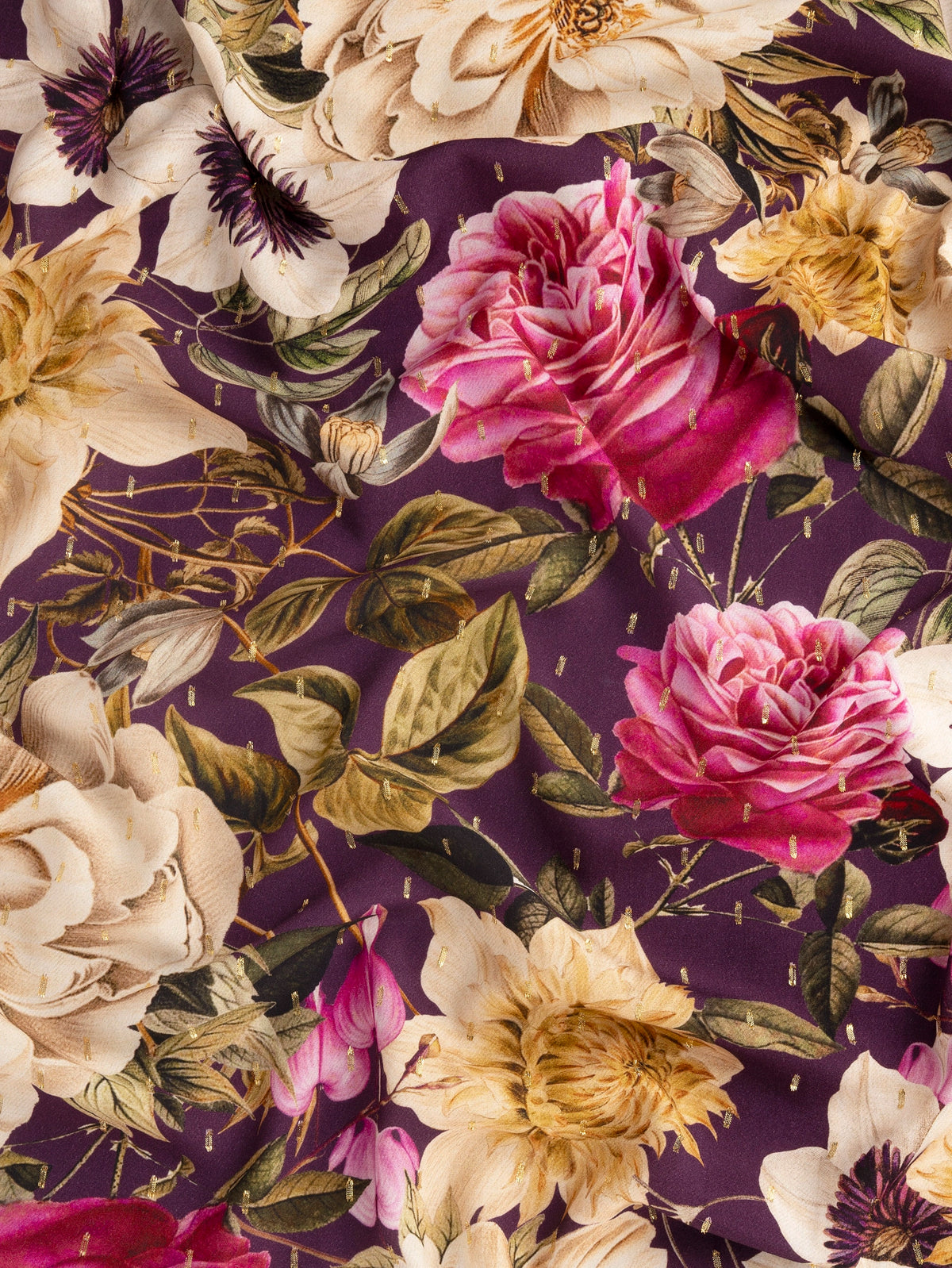 F-VIS321-Gold-Dot-Baroque-Flower-Print-Viscose-Aubergine-Oat-and-Magenta-Core-Fabrics-scrunched.webp
