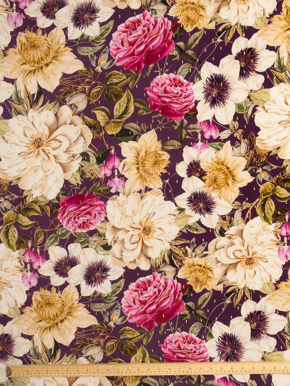 F-VIS321-Gold-Dot-Baroque-Flower-Print-Viscose-Aubergine-Oat-and-Magenta-Core-Fabrics-ruler.webp