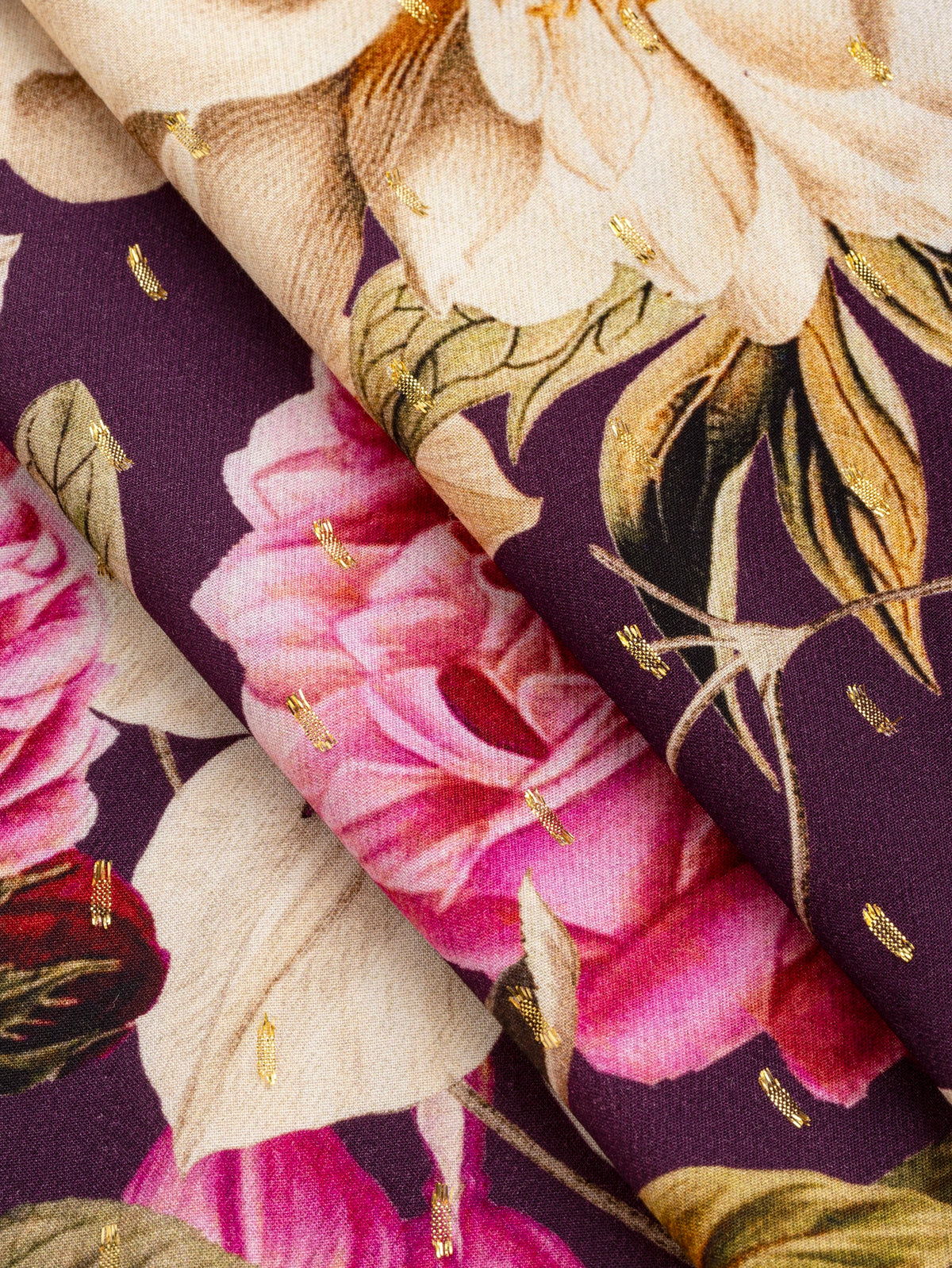 F-VIS321-Gold-Dot-Baroque-Flower-Print-Viscose-Aubergine-Oat-and-Magenta-Core-Fabrics-fold.webp