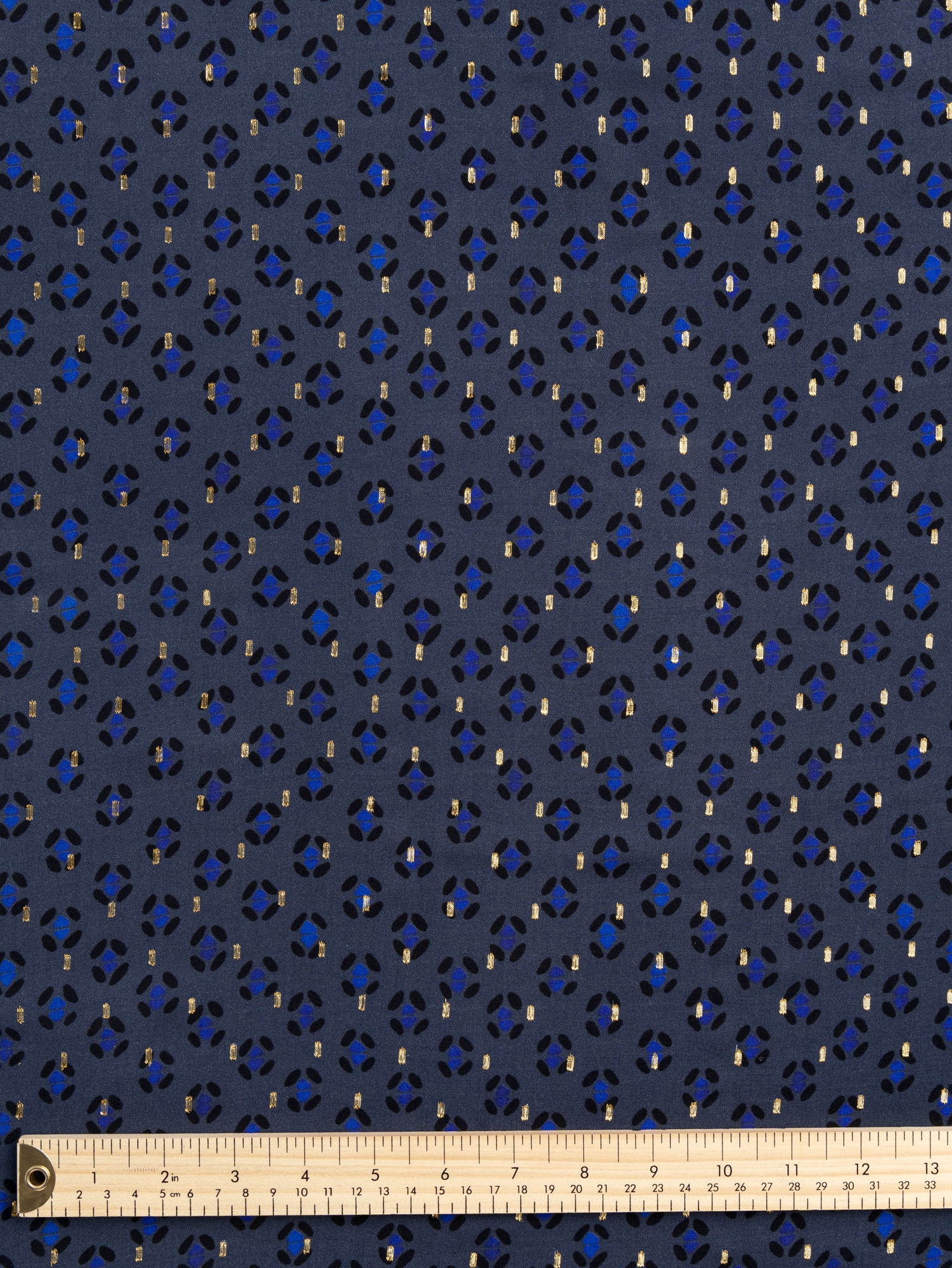 F-VIS279-Gold-Dot-Geo-Print-Viscose-Navy-Gold-Core-Fabrics-ruler.JPG