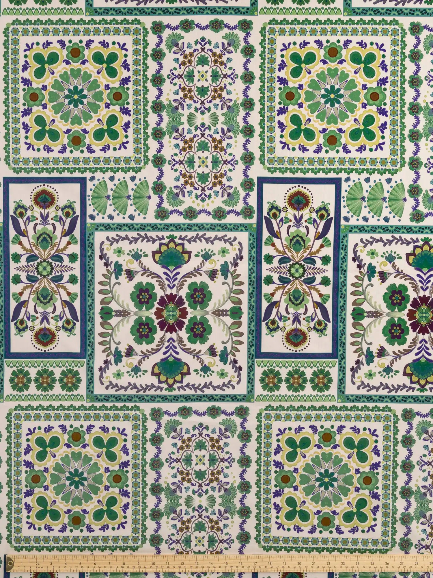 F-COT436-Grand-Garden-Print-BCI-Cotton-Lawn-Cream-Blue-and-Green-Core-Fabrics-ruler.webp