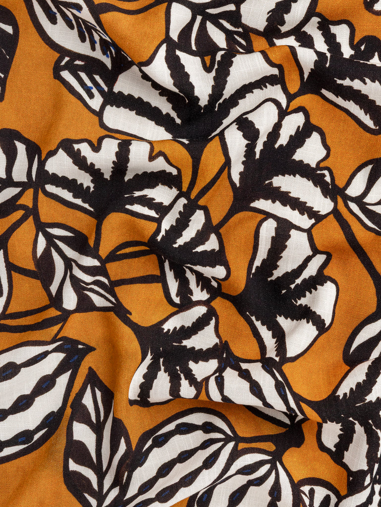 Graphic Leaf Print Textured Viscose - Ochre + Black + White + Blue