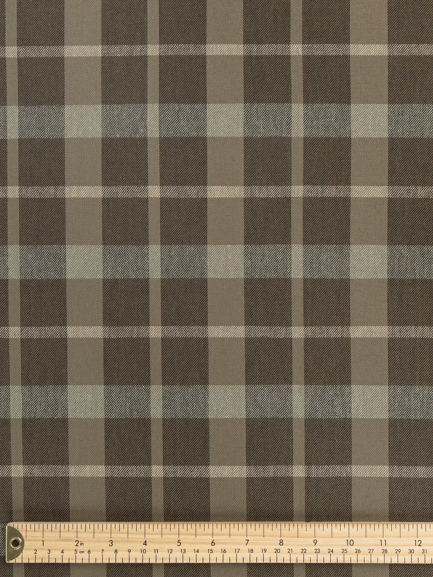 F-COT405-003-Grove-Plaid-Check-Japanese-Cotton-Twill-Olive-Brown-and-Sage-Core-Fabrics-ruler.webp