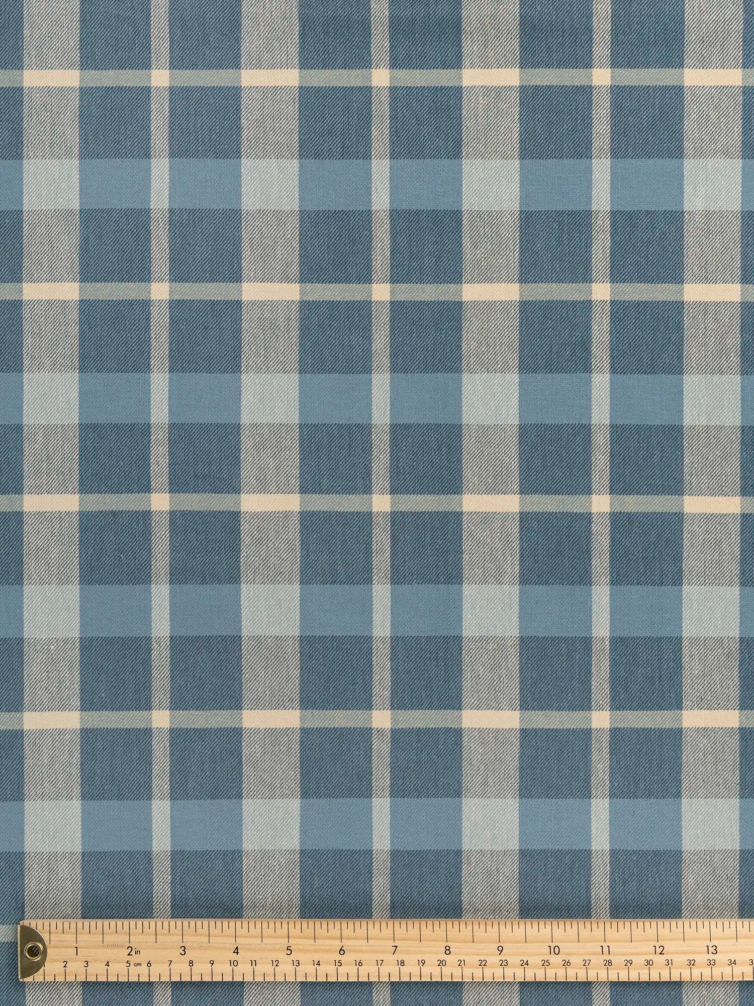 F-COT405-001-Horizon-Plaid-Check-Japanese-Cotton-Twill-Chambray-Cream-and-Butter-Yellow-Core-Fabrics-ruler-1.webp