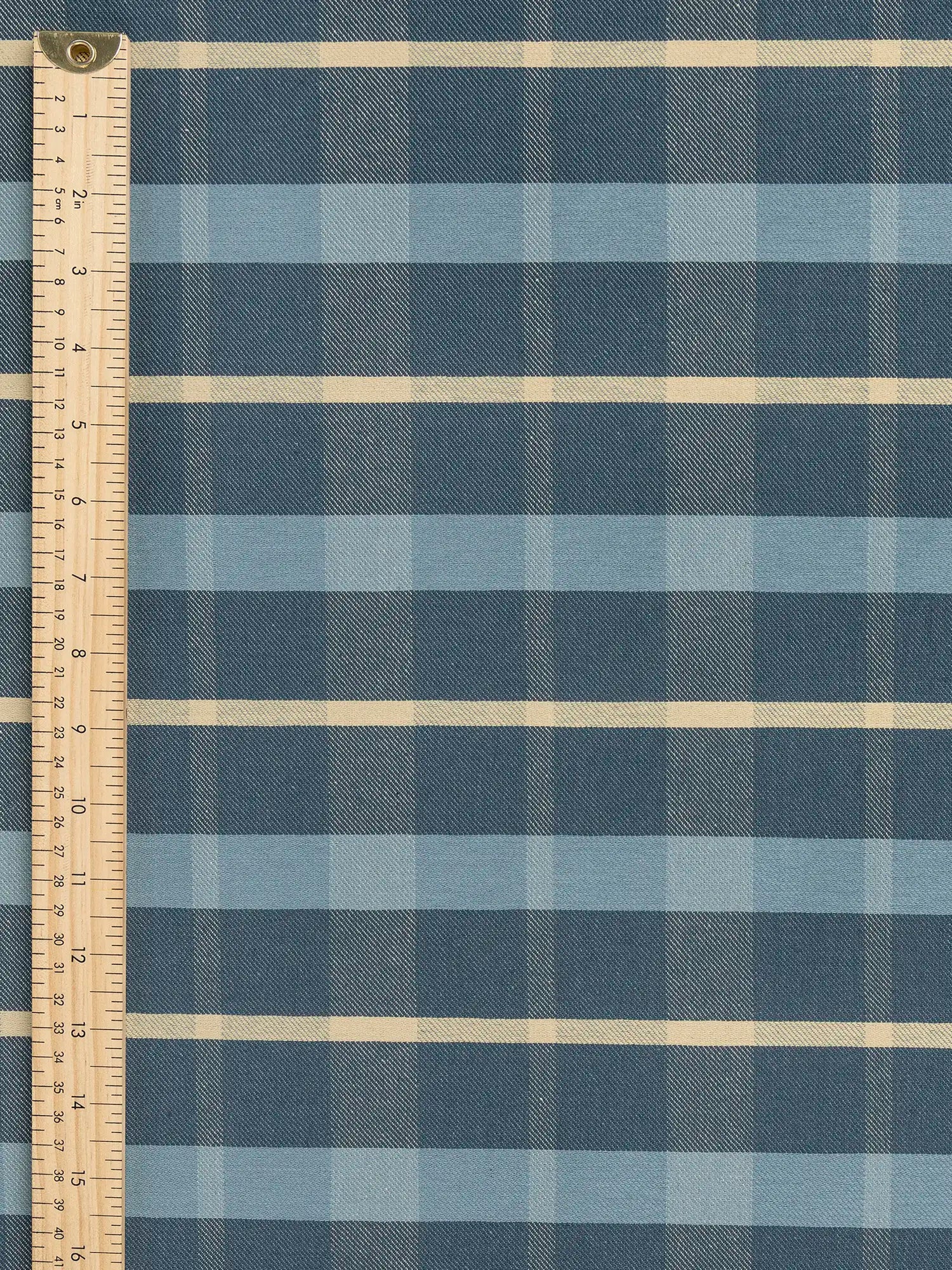 F-COT405-001-Horizon-Plaid-Check-Japanese-Cotton-Twill-Chambray-Cream-and-Butter-Yellow-Core-Fabrics-ruler-2.webp