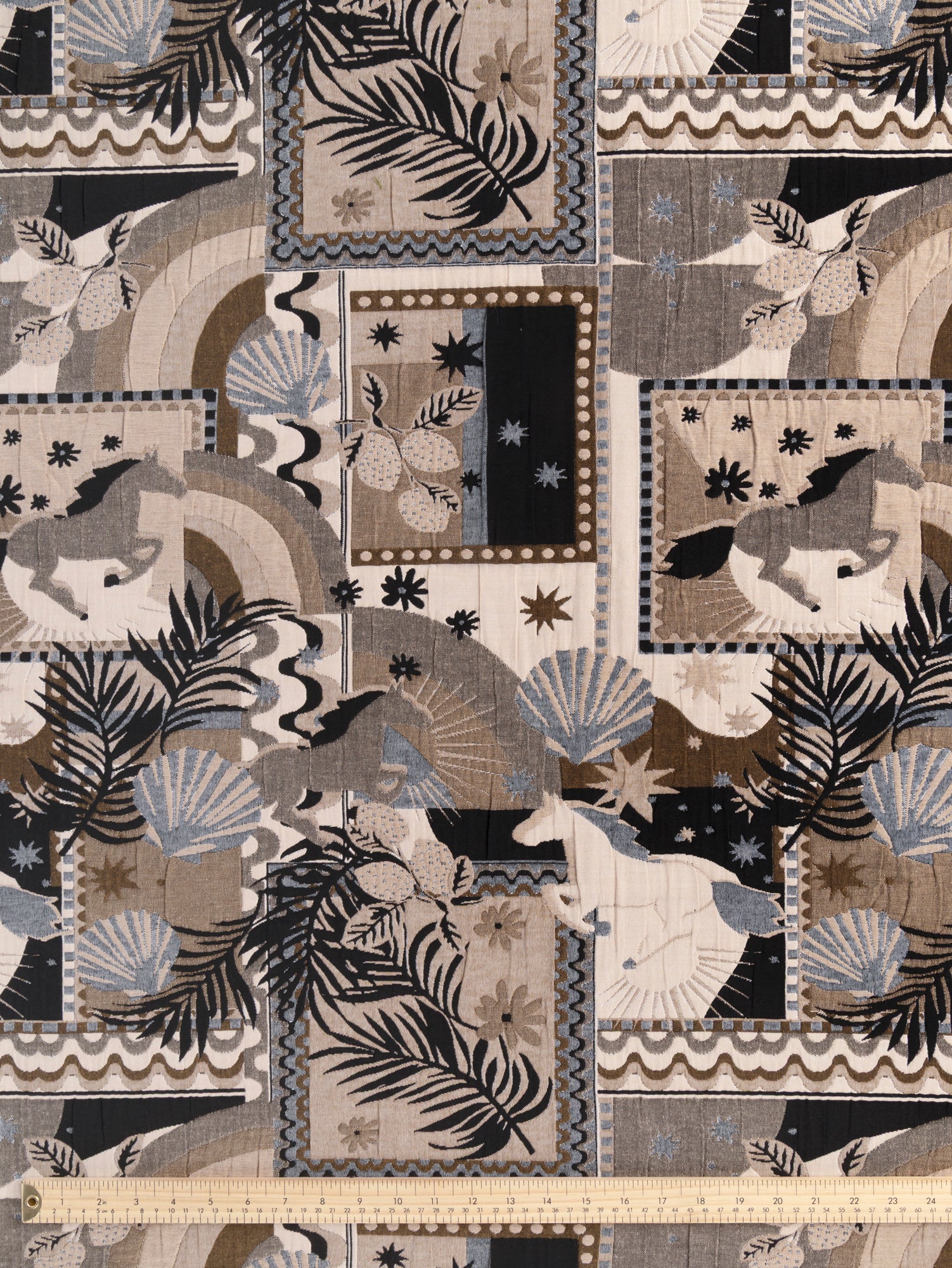 F-QUI009-Horse-Collage-Quilted-Jacquard-Cream-Black-Denim-Khaki-Core-Fabrics-ruler-front.JPG