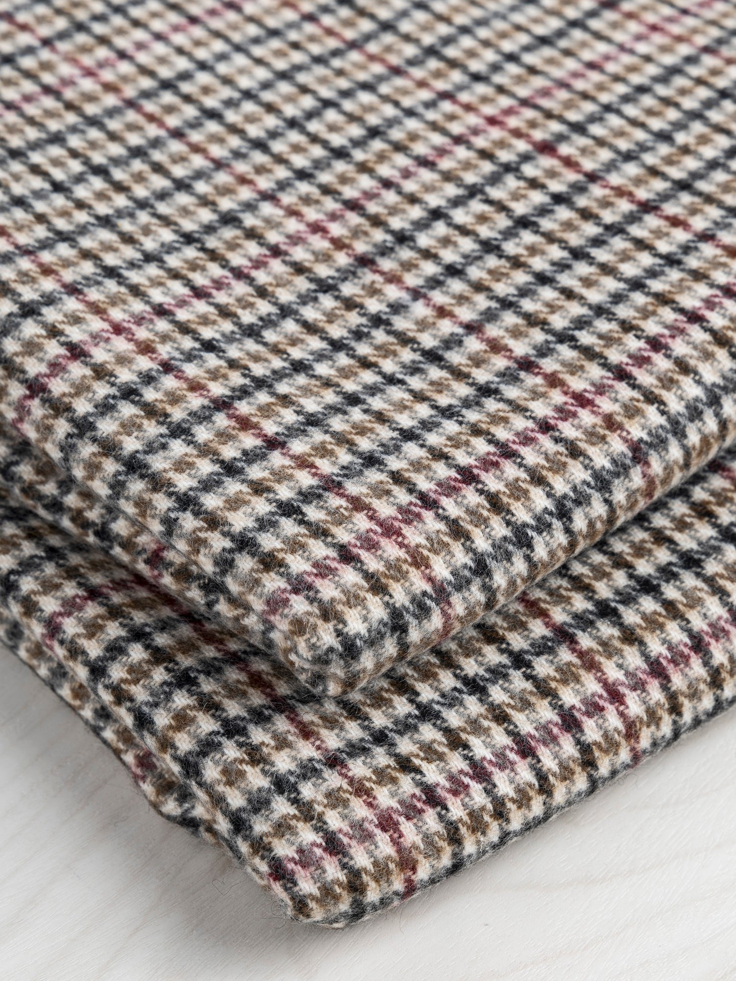Houndstooth Wool Blend Heavy Suiting Deadstock - Cream + Black + Ochre + Bordeaux | Core Fabrics