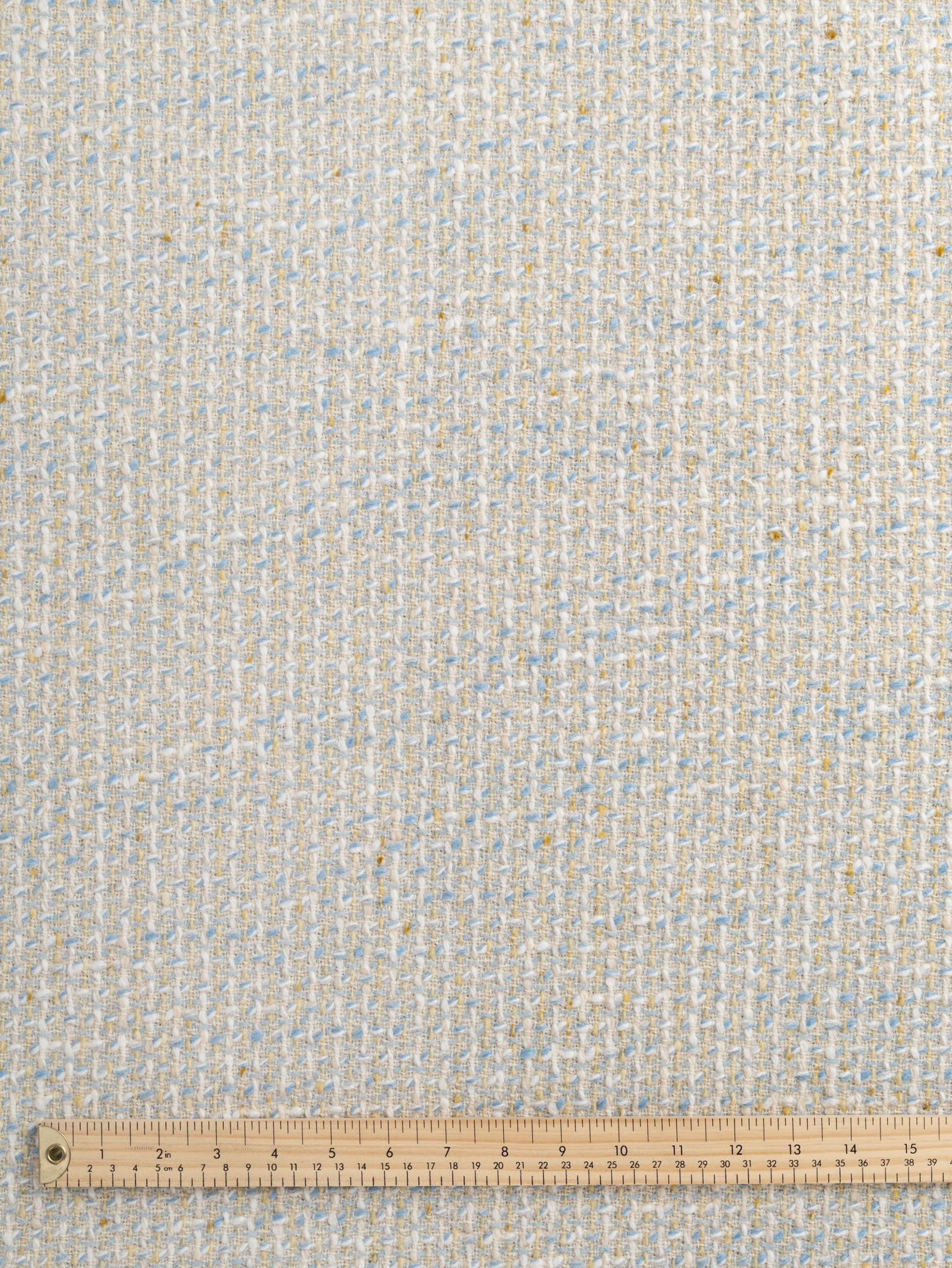 F-WOL130-Italian-Wool-Bouclé-Tweed-Deadstock-Cream-Cornflower-and-Butter-Yellow-Core-Fabrics-ruler.JPG