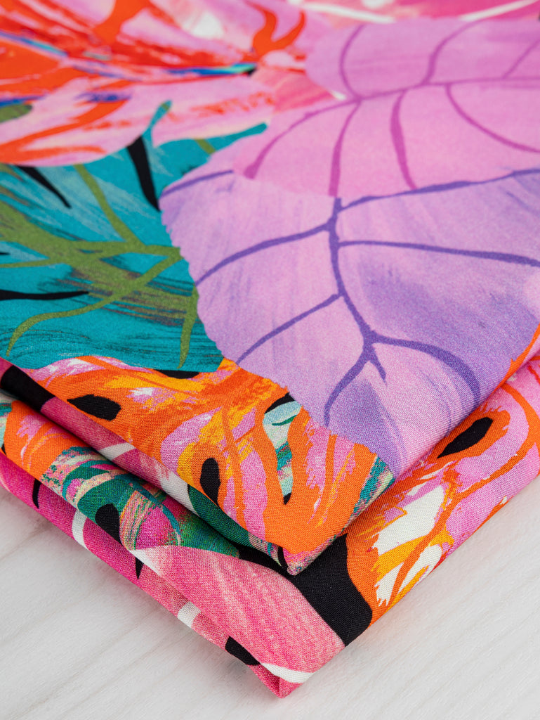 Tropical Leaf Print Viscose - Black + Pink + Orange + Violet
