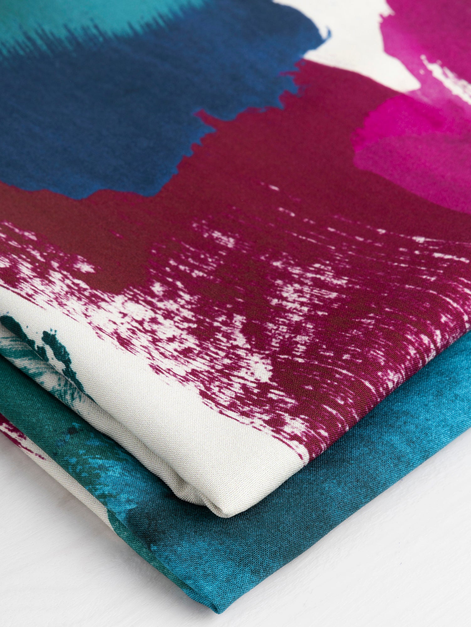 Large Abstract Brushstroke Print Viscose - Cream + Magenta + Teal + Green | Core Fabrics