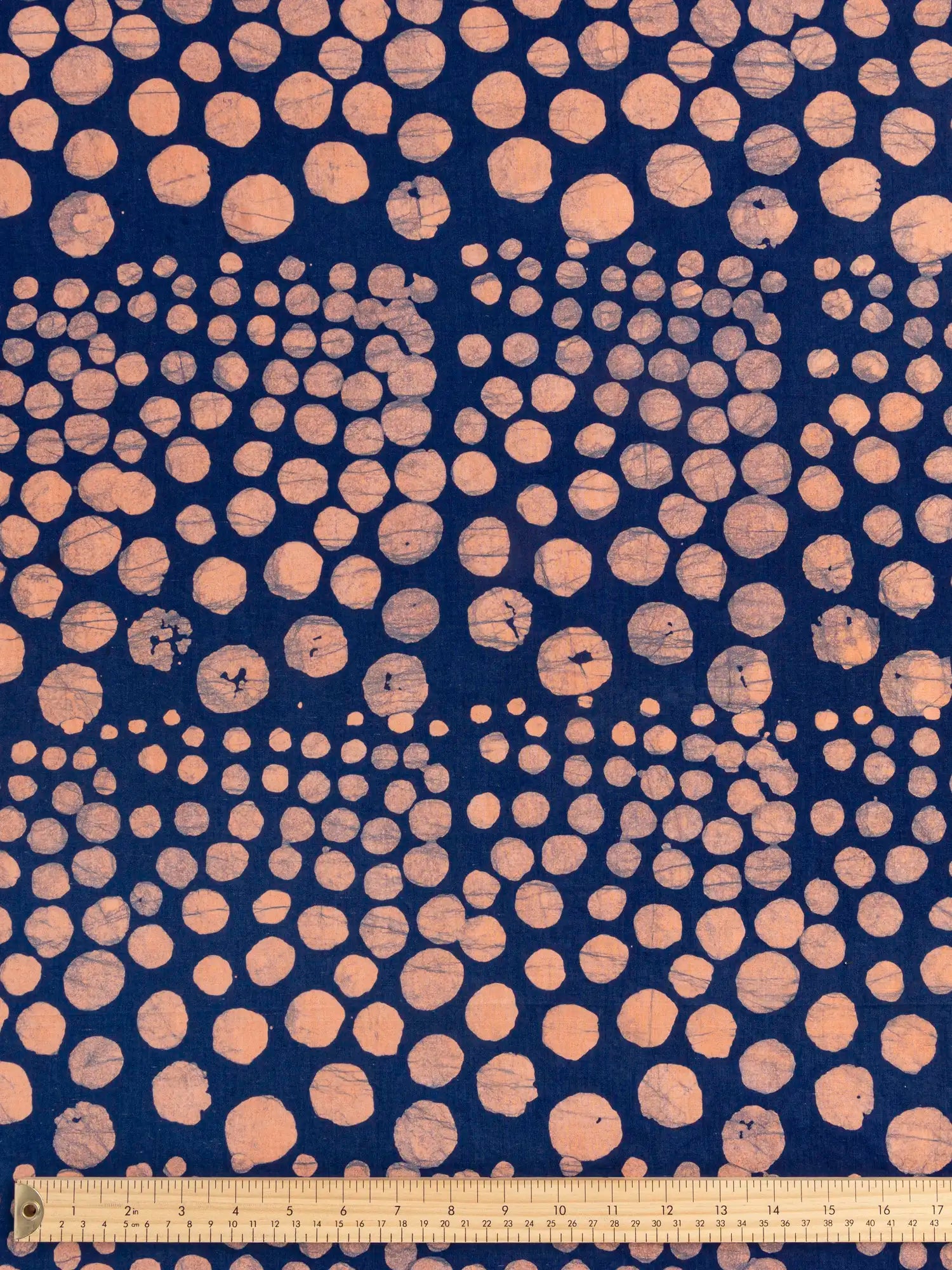 F-COT428-Large-Dot-Artisanal-Cotton-Batik-Blue-and-Coral-Core-Fabrics-ruler.webp